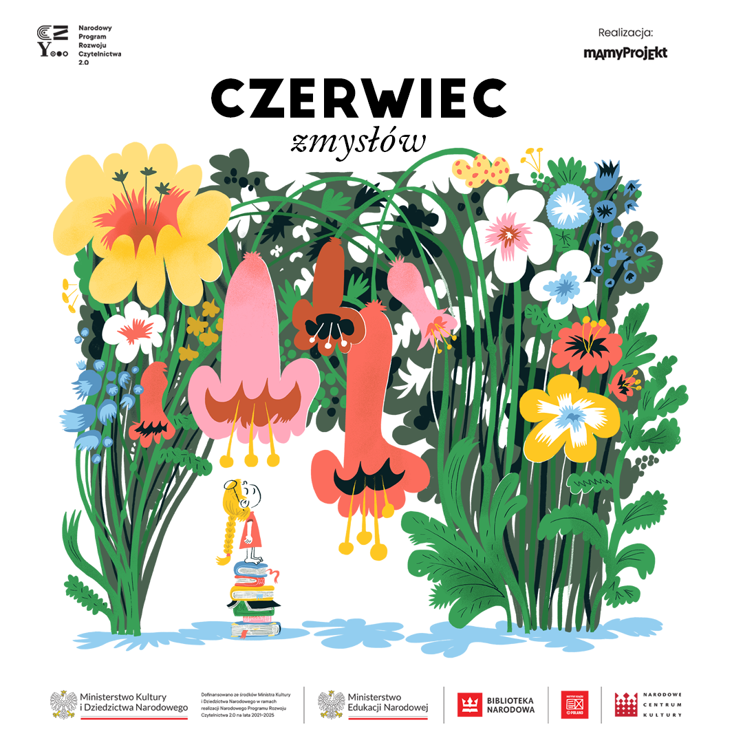 Kolorowa grafika z kwiatami i napisem Czerwiec Zmysłów